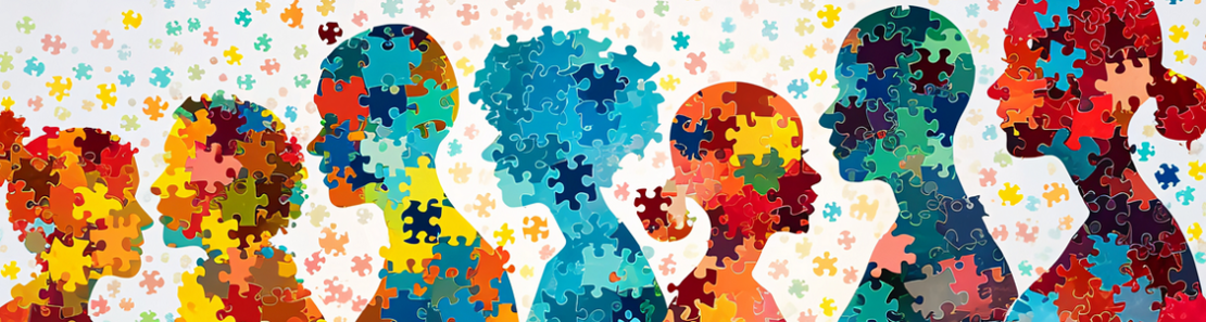 Illustration: Verschiedenfarbige Köpfe im Profil - aus Puzzle-Teilen.